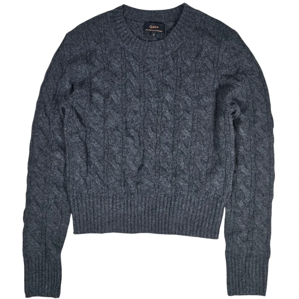 Quince Mongolian Cashmere Shrunken Cable Crewneck Sweater Charcoal Grey Small